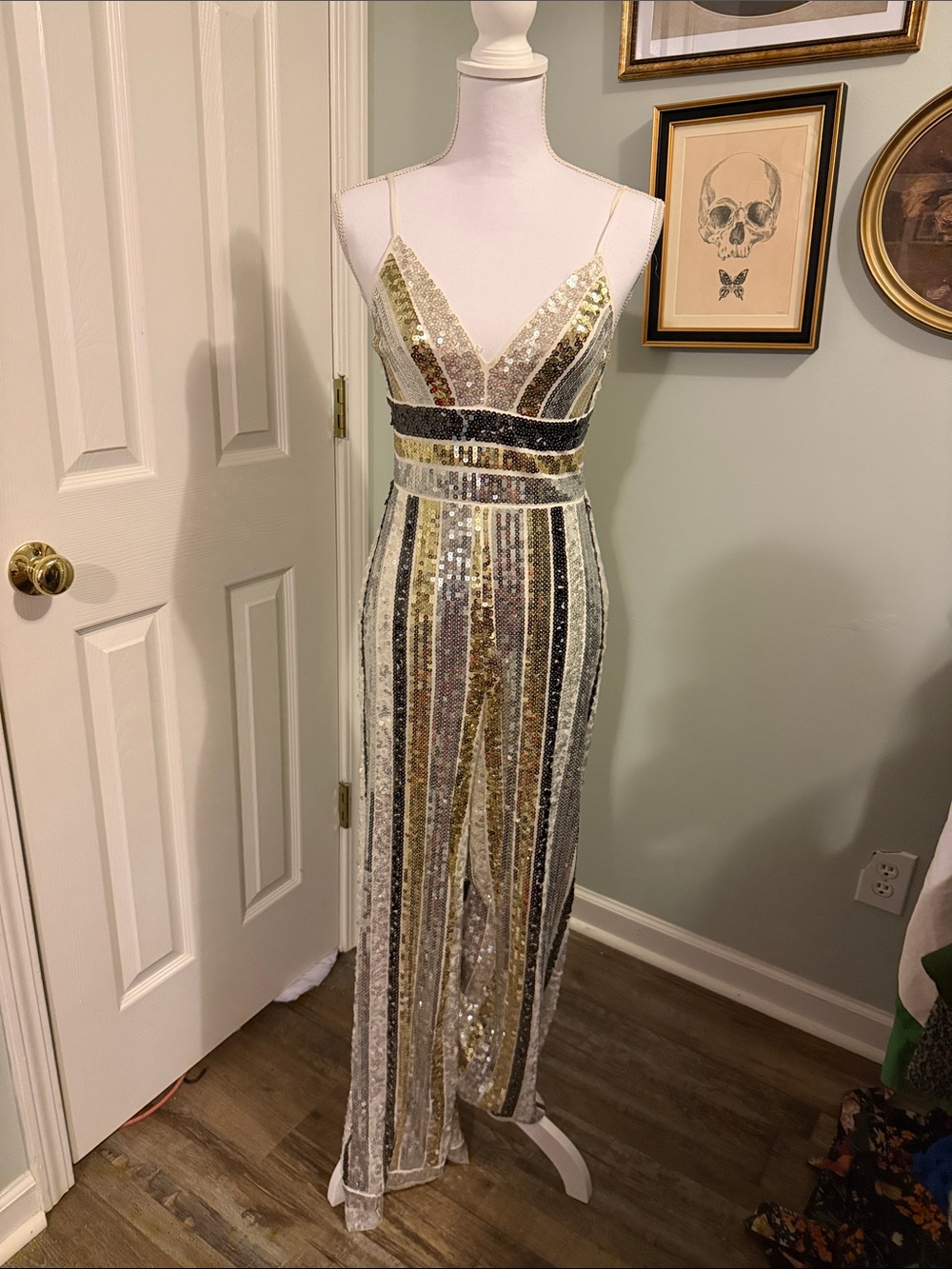 Express Metallic Gold, Silver & Black Striped Sequin Jumpsuit